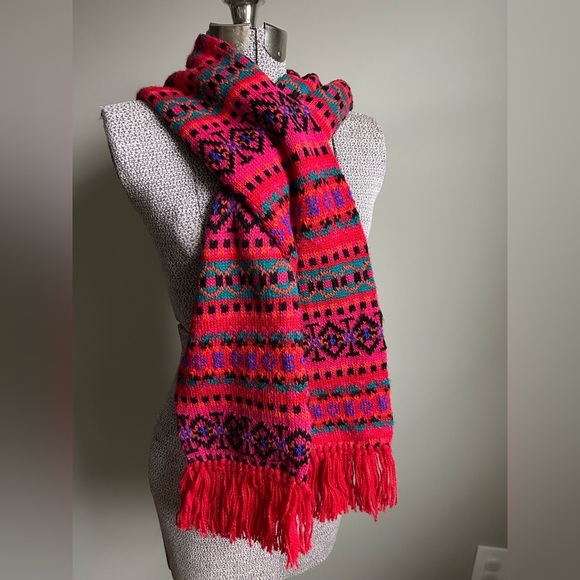 Aris Accessories - Nordic Vibrant red Pink green Patterned Scarf fringe winter cabincore snow